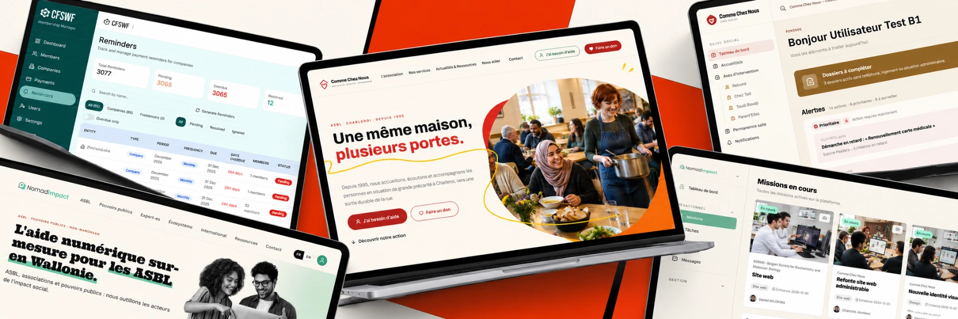 Réalisations de Charlotte Jeuniaux : CRM CFSWF, site Comme Chez Nous et plateforme Nomad Impact
